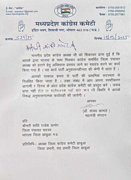 झाबुआ जिला पंचायत में सियासी हलचल: बीजेपी के अविश्वास प्रस्ताव से पहले कांग्रेस ने तीन नेताओं को किया निलंबित 1 img 20250514 wa00173275950750477726158